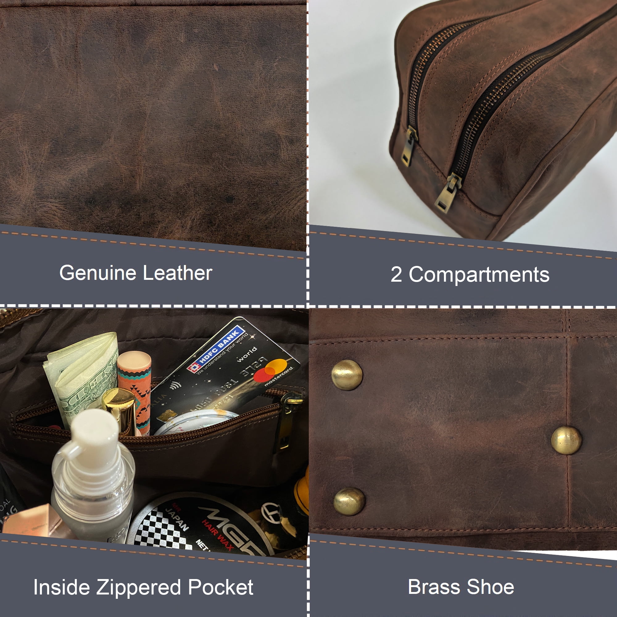 Leather Toiletry Bag for Men Women Hygiene Organizer Travel Dopp Shaving Kit Cosmetic Makeup Bag by Rustic Town