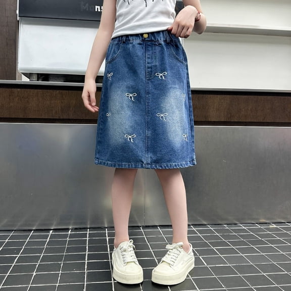 Girls Casual Denim Skirt Midi A Line Knee Length Jean Skirt with Pockets High Elastic Waist Washed Skirt Classic Streetwear (Blue,7-8 Years)