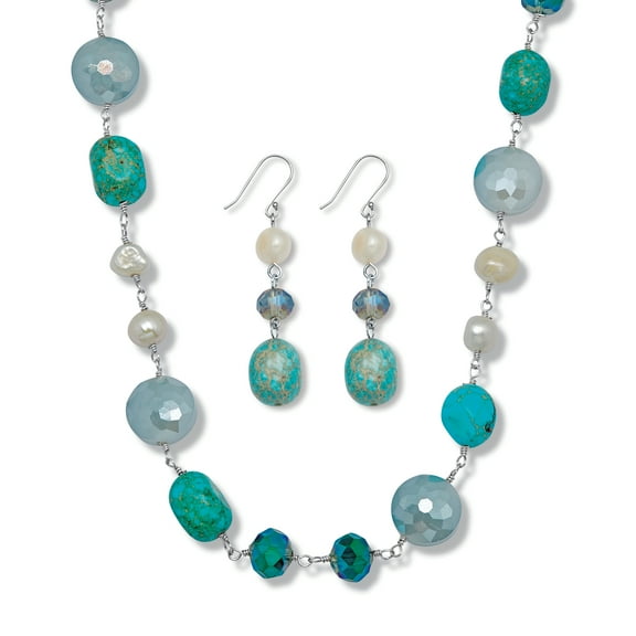 Genuine Blue Jasper and Cultured Freshwater Pearl Silvertone Jewelry Set