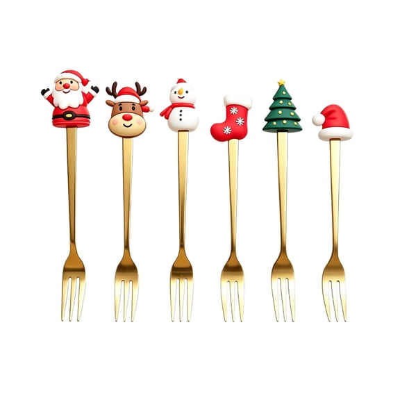 6 Pack Christmas fork Set, Christmas Stainless Steel Dessert Coffee Tea fork, Holiday Party Tableware, Figurine Design - Gold