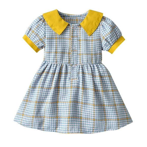 CHEEREAM kids Baby Girls Casual Dress Toddler Short Sleeve Doll-Collar Dress Plaid Sundress for Spring Summer 1-8 Years Blue 5 Years