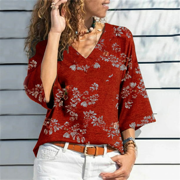 QLEICOM Women's Casual 3/4 Sleeve Tunic Tops, Floral Print V Neck T Shirts  for Leggings, Henley Ruffle Flowy Short Sleeve T Shirts, Summer Plus Size  Tops, Tees & Blouses S-5XL - Walmart.com