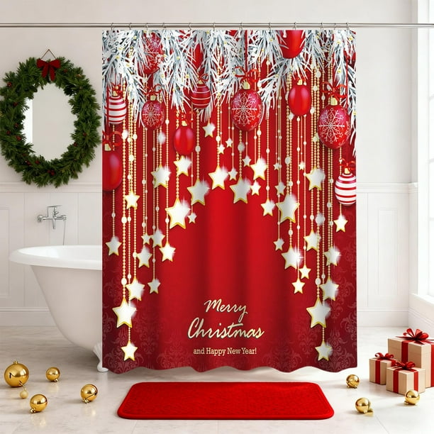 Cortina de ducha navideña con ganchos, bola navideña y estrella, poliéster impermeable, decoración navideña para baño, poliéster.