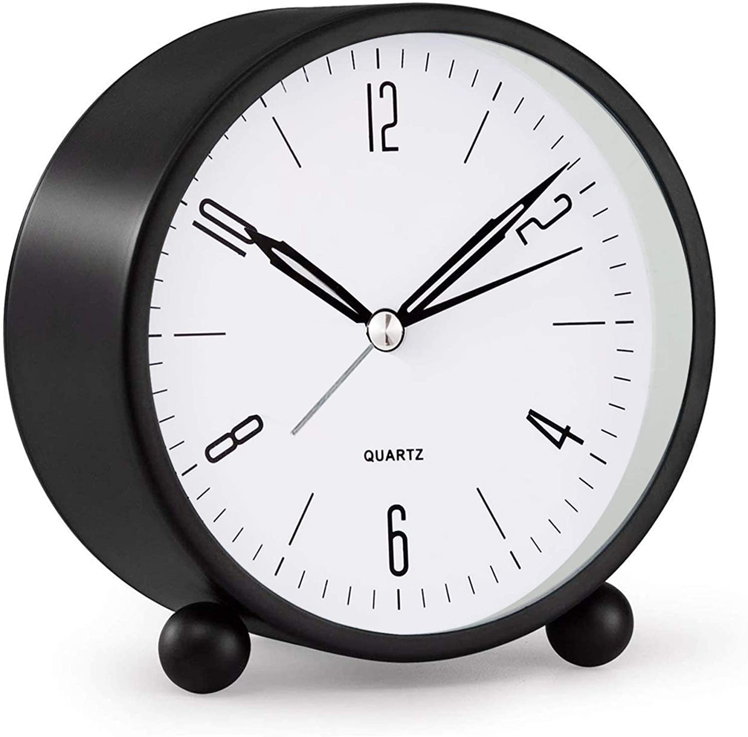 Silent Brushed Stainless Steel Bedside Alarm Clock • Quiet no Tick • Black face 