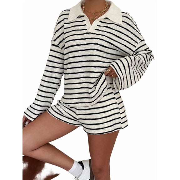 Women's Striped Knit Collared Long Sleeve Top and Shorts Two-Piece Outfit Set Color S
