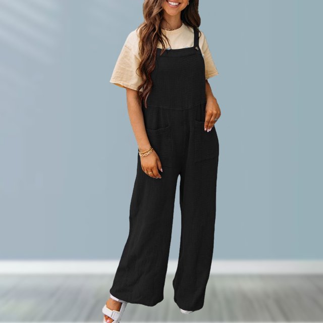 Mamelucos Sin Mangas Monos de pierna ancha de moda informal, monos sin mangas sencillos para mujer, Color sólido Cgtredaw para Mujer Negro T M
