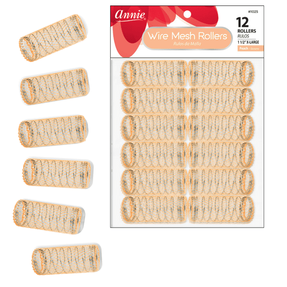 Annie Wire Mesh Rollers X-Large 1 1/2in, 12 Count Hair Curlers, Peach