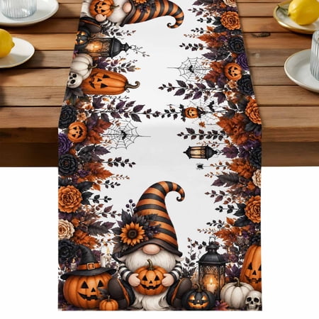 Halloween Fall Table Runner Spooky Orange Beige Pumpkin Mysterious Goth Cotton Linen Kitchen Dining Table Runner Home Decor for Party Festival Holiday Decoration Gift 13x70in
