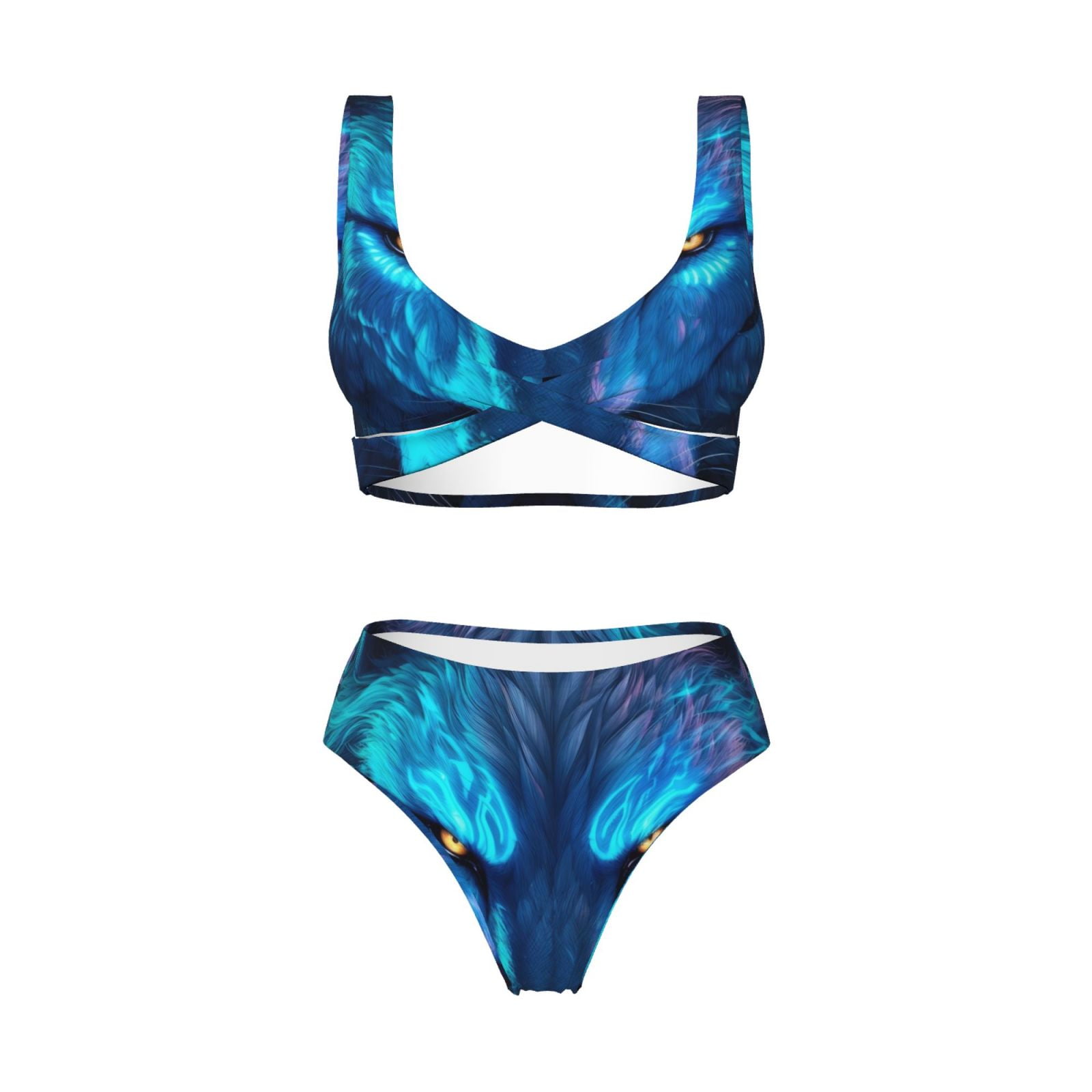 Zeuib Futuristic Blue Light Wolf High Waisted Tummy Control