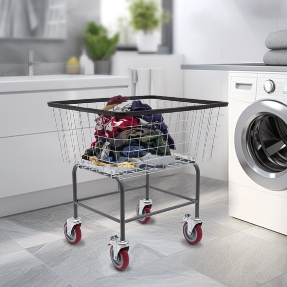 Wire Laundry Cart with Wheels, Commercial Steel-wire Clothes Basket Carts, Rolling Laundry Basket with 4" Wheel, Heavy-Duty Large Steel Bin for Clothe Storage