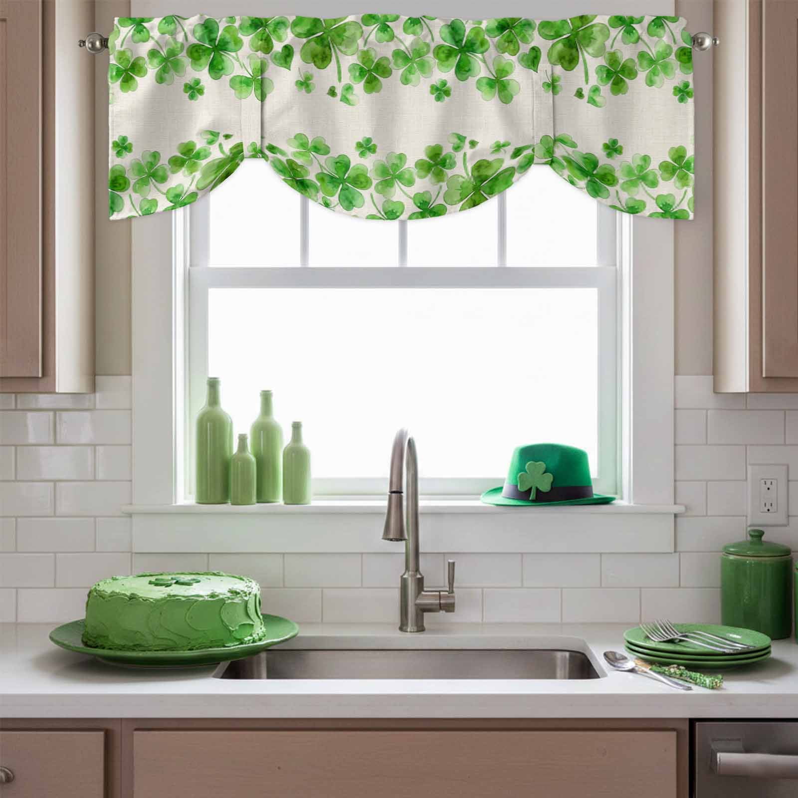 Happy St. Patrick's Day Tie Up Valances Curtain, Green Shamrock Love Art Watercolor Linen Texture Adjustable Rod Pocket Short Window Treatment Tie Up Curtains for Kitchen Living Room 60x18 In