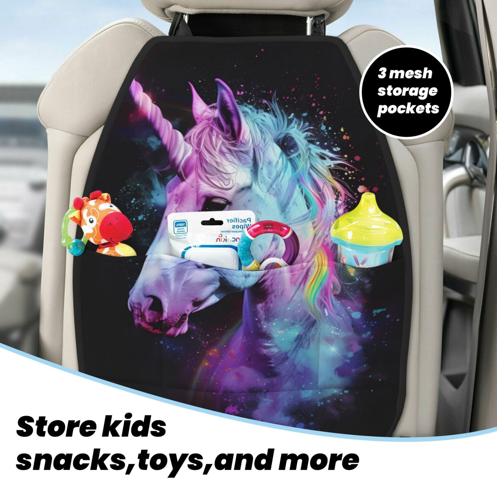 Xecao Rainbow Spotted White Horse Pattern Car Seat Back Protector 2 Pack Large Capacity Pocket, Kick Mats Back Seat Protector