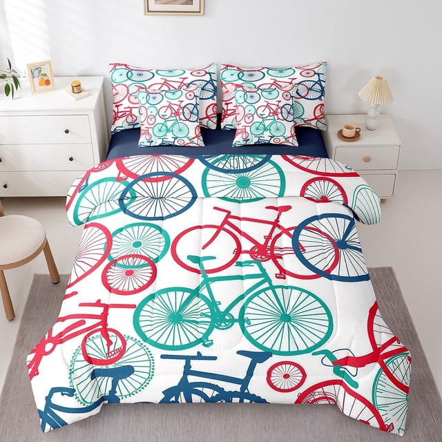 YST Bike Bedding King Size 7pcs, Geometric Bicycle Retro Printed Comforter Set Bed in a Bag, Simple Vehicles Kids Adults Room Decor Bedding Comforter Sets, Red Green Line Bed Sheets Set