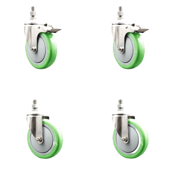 5 Inch 316SS Green Polyurethane 3/8 Inch Threaded Stem Caster Set 2 Lock Brake