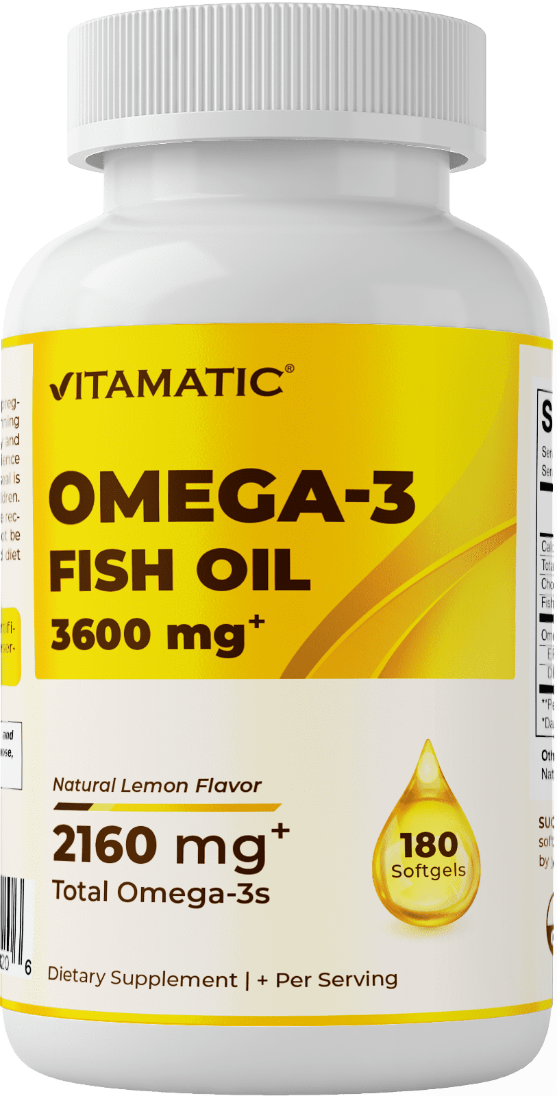 (2 pack) Vitamatic Triple Strength Omega 3 Fish Oil 3600mg Per Serving, 2160mg Omega 3 Fatty Acids, 1296mg EPA + 864mg DHA, Burpless Lemon Flavor, 180 Soft gels