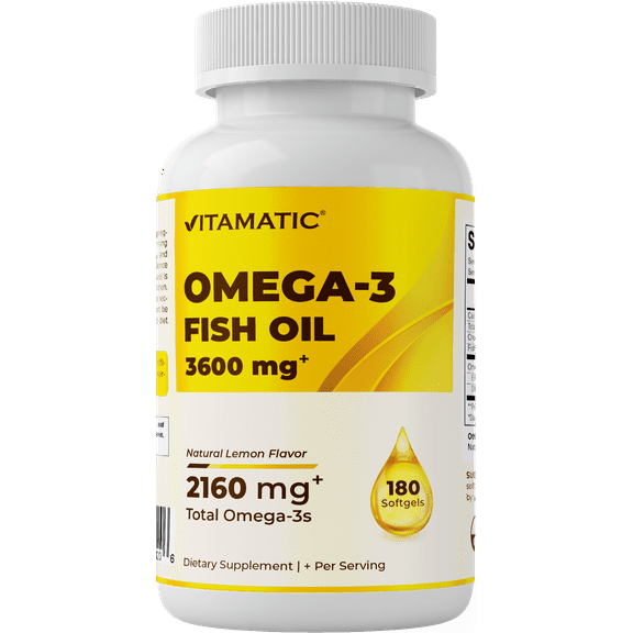 Vitamatic Triple Strength Omega 3 Fish Oil 3600mg Per Serving, 2160mg Omega 3 Fatty Acids, 1296mg EPA   864mg DHA, Burpless Lemon Flavor, 180 Soft gels