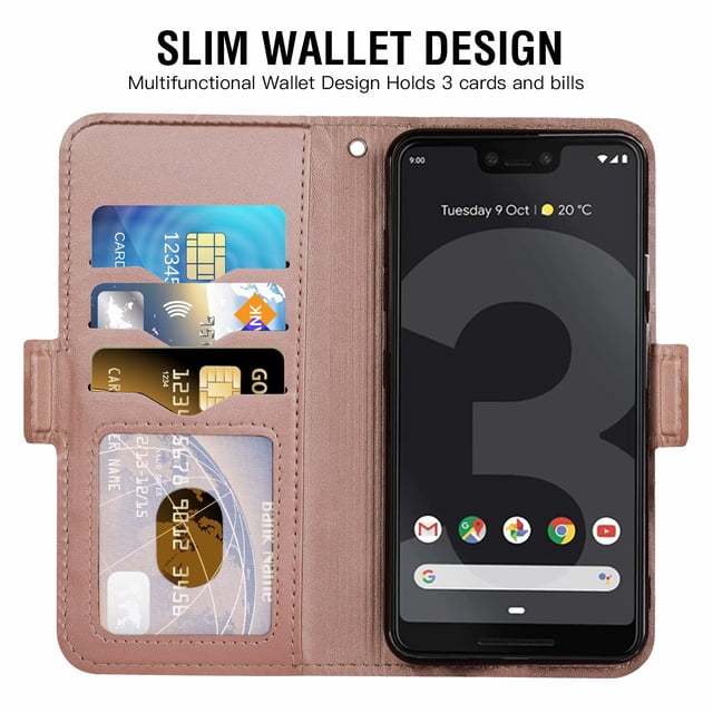 Mobile Phone Cover Pixel 3xl 3 Card Slots Pocket Leather Protective Cover with Magnetic Closure Pink