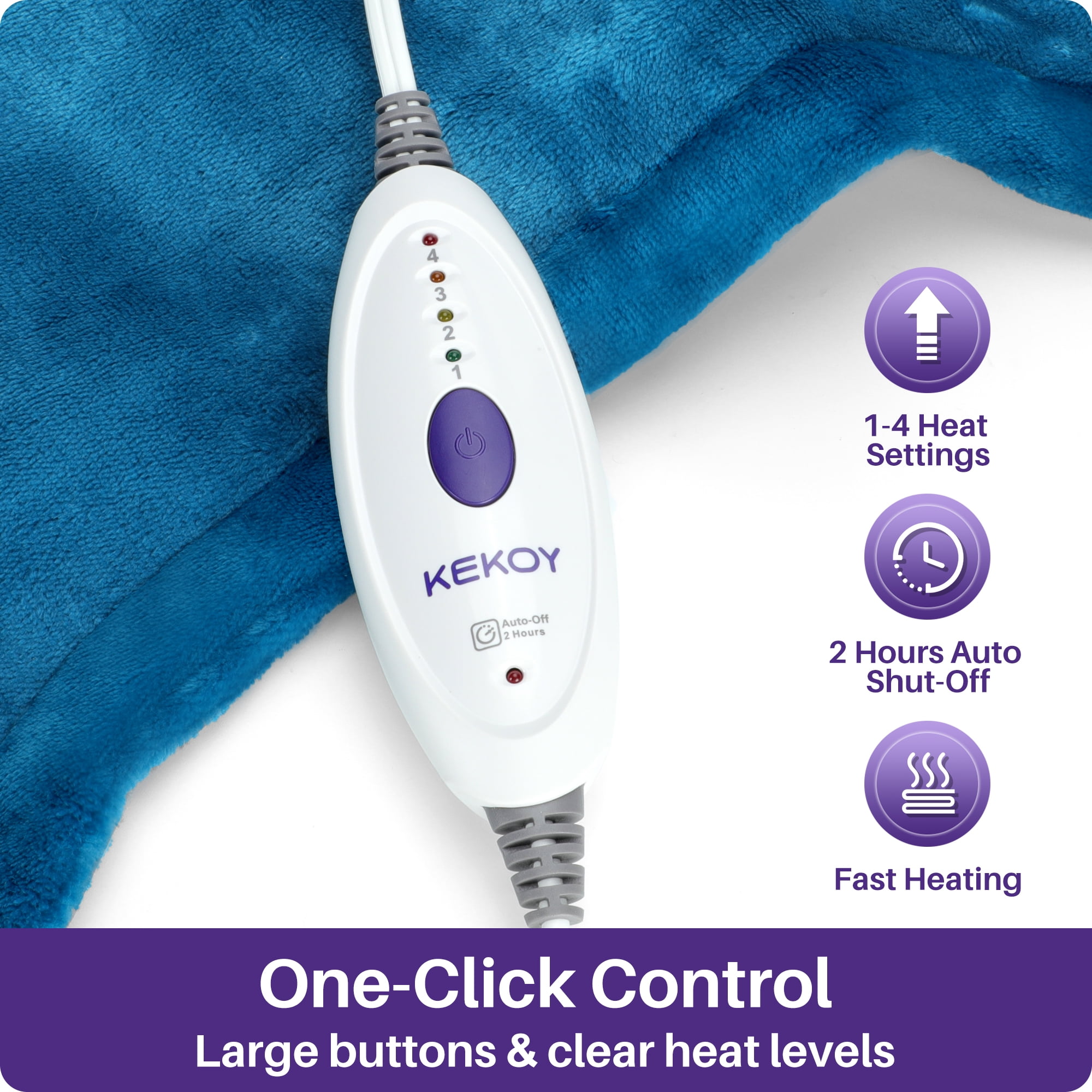 KEKOY Heating Pad for Back, Neck & Shoulders Pain Relief, Wearable Electric Heat Pad with Detachable Belt, 4 Heat Settings, 2-Hour Auto Shut-Off, Fast Heating, 24"x33", Blue