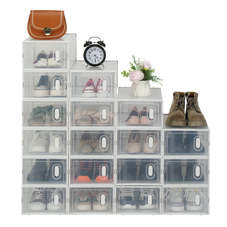 10 Pack Foldable Clear Plastic Shoe Storage Boxes, Stackable Cases