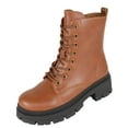 thumbnail image 2 of Top Moda Women Combat Army Style Boots Lace Up Side Zipper Lug Sole Platform Booties Light Brown Tan PU 10, 2 of 4