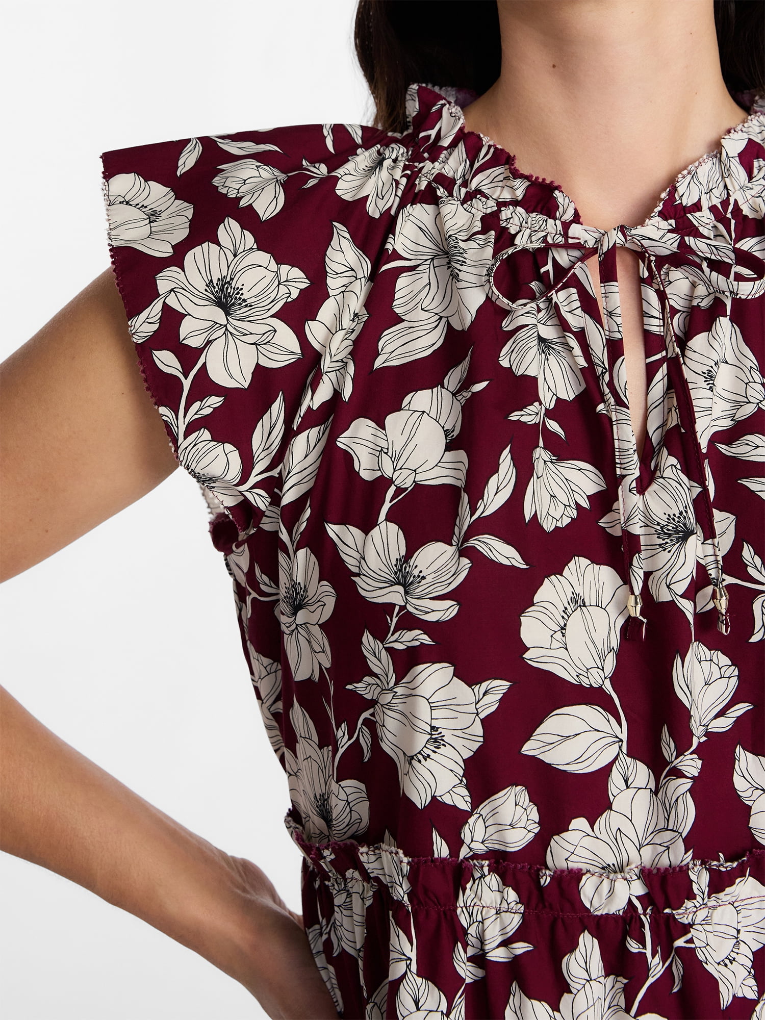 Time and Tru Women's and Women's Plus Tiered Cotton Mini Dress with Flutter Sleeves, Sizes XS-4X