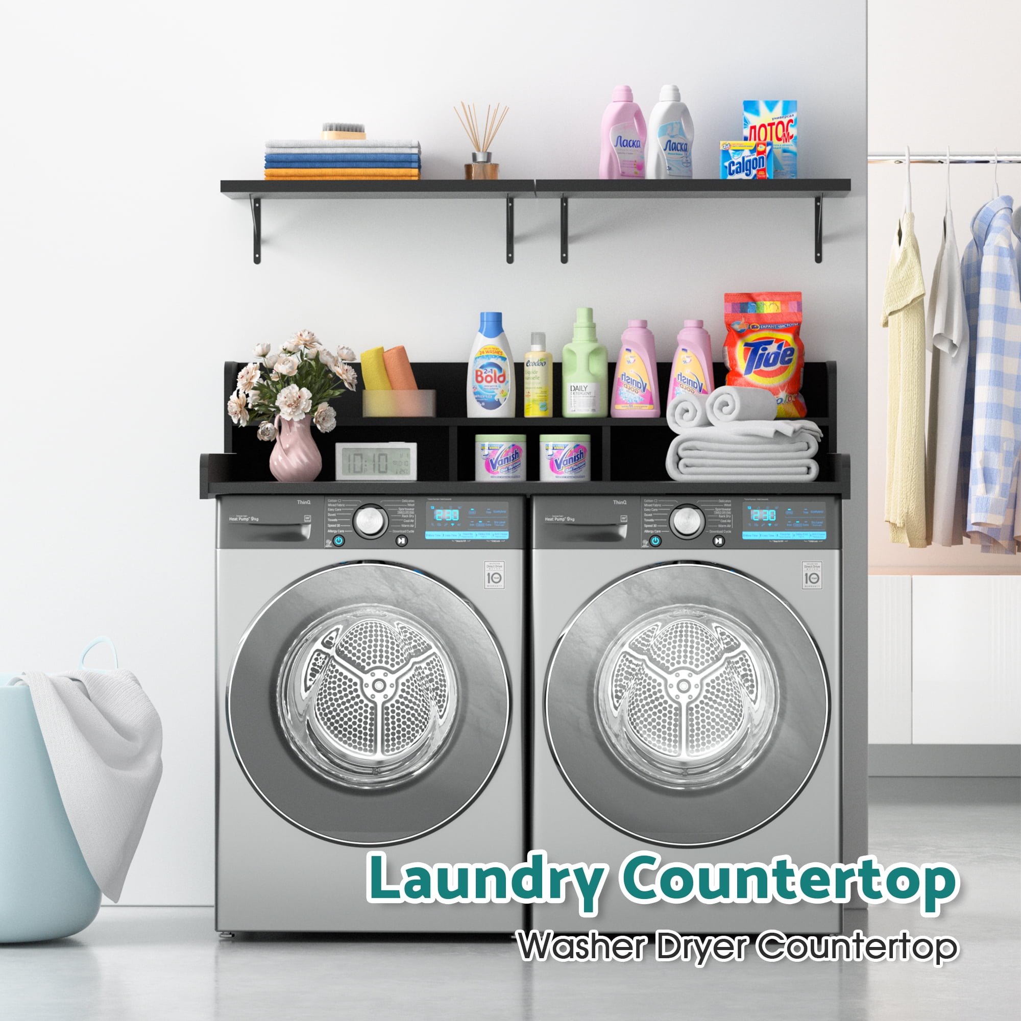 ADVWIN 54" Washer Dryer Countertop with 2-Layer Shelves and Storage Shelf, Laundry Room Countertop Set, Black