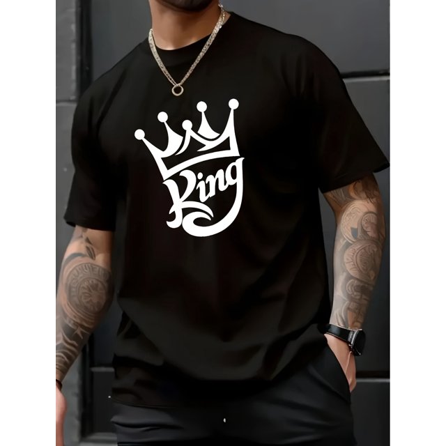 Camiseta informal de algodón rojo para hombre con estampado llamativo de la corona "KING" - Cuello redondo, manga corta, camiseta de verano para adultos, corte holgado | Top con estilo | Tejido elásti