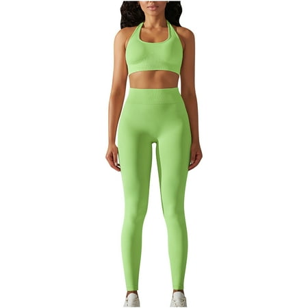 Abomasnow Workout Sets for Women 2 Piece Seamless Gym Athletic Yoga Outfits Halter Neck Backless Sports Bra High Waist Butt Lifter Leggings