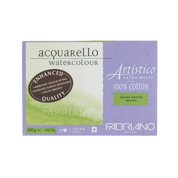 Fabriano Artistico Extra White Watercolor Block, 140 lb./300 gsm, Rough, 25 Sheets, 5" x 7"