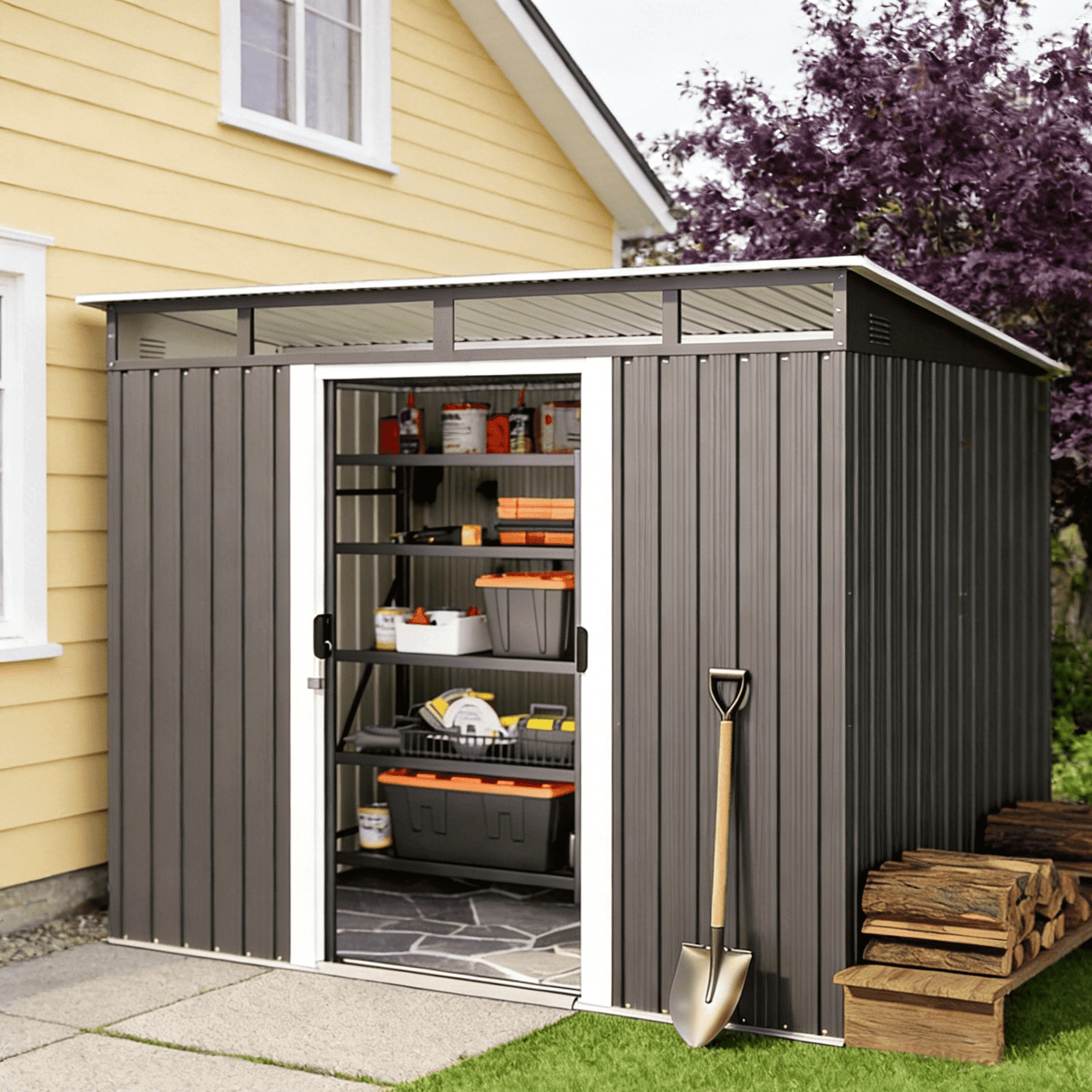 8x6 FT Shed, Lofka Outdoor Metal Storage Shed Clearance with Lockable Sliding Doors | Waterproof | Rust-Resistant , Dark Gray