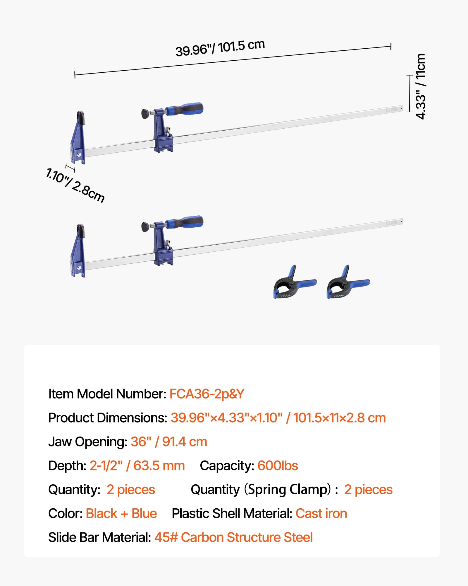 VEVOR Bar Clamps for Woodworking, 2-Pack 36 inch Opening,Lockable F-Clamp with 600 lbs Load Limit, 2-1/2 inch Depth,Cast Iron and Carbon Steel,Easy to Use, Wood Clamps for Woodworking Metal Working