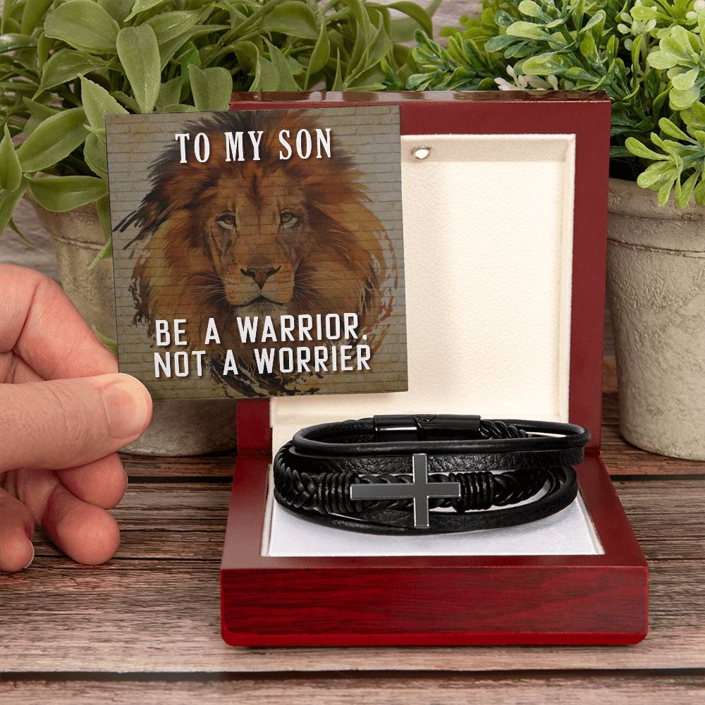 To My Son Be a Warrior Not a Worrier Men's Cross Bracelet - Vegan Leather with Stainless Steel