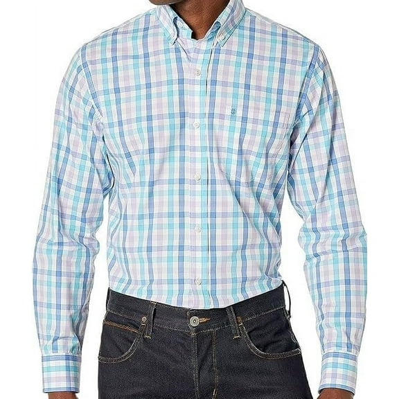 IZOD Men's Advantage Performance Plaid Long Sleeve Stretch Button Down Shirt, Candy Pink, Small