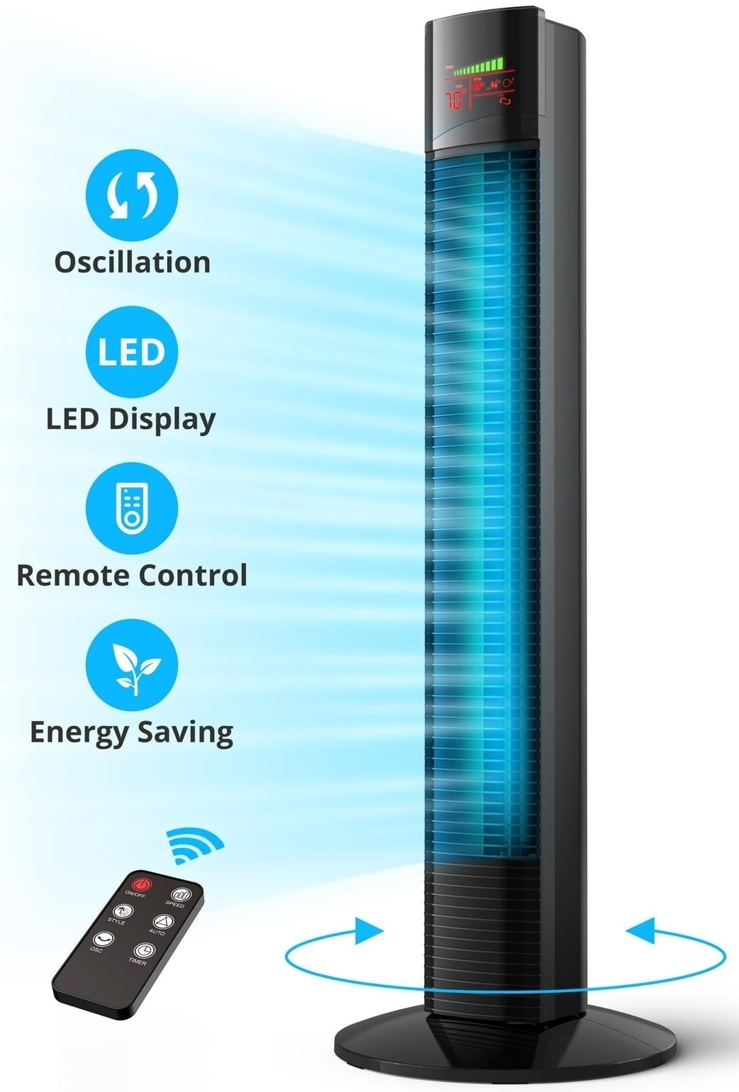 TaoTronics Tower Fan, 36" Cooling Fan with Remote, 65° Floor Fan Oscillating, Powerful Fan with 9 Modes, Large LED Display, 12-Hour Timer, Quiet Portable Bladeless Fan for Bedroom Living Rooms Office