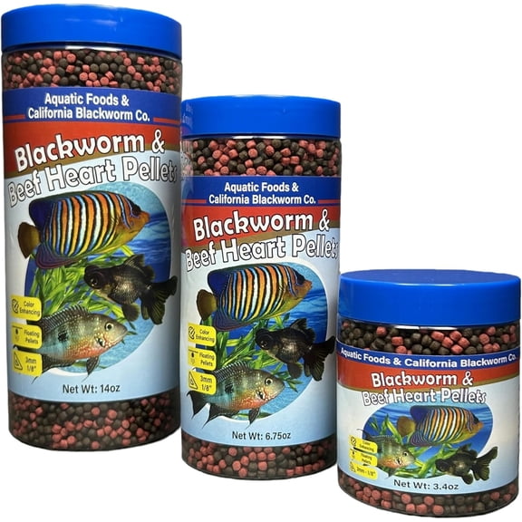 3mm -1/18" Blackworm/Beef Heart Floating Pellets for Marines, Cichlids, All Tropicals, Koi & Pond Fish, Wafer & Pellet Mix Included 3.4oz Canister