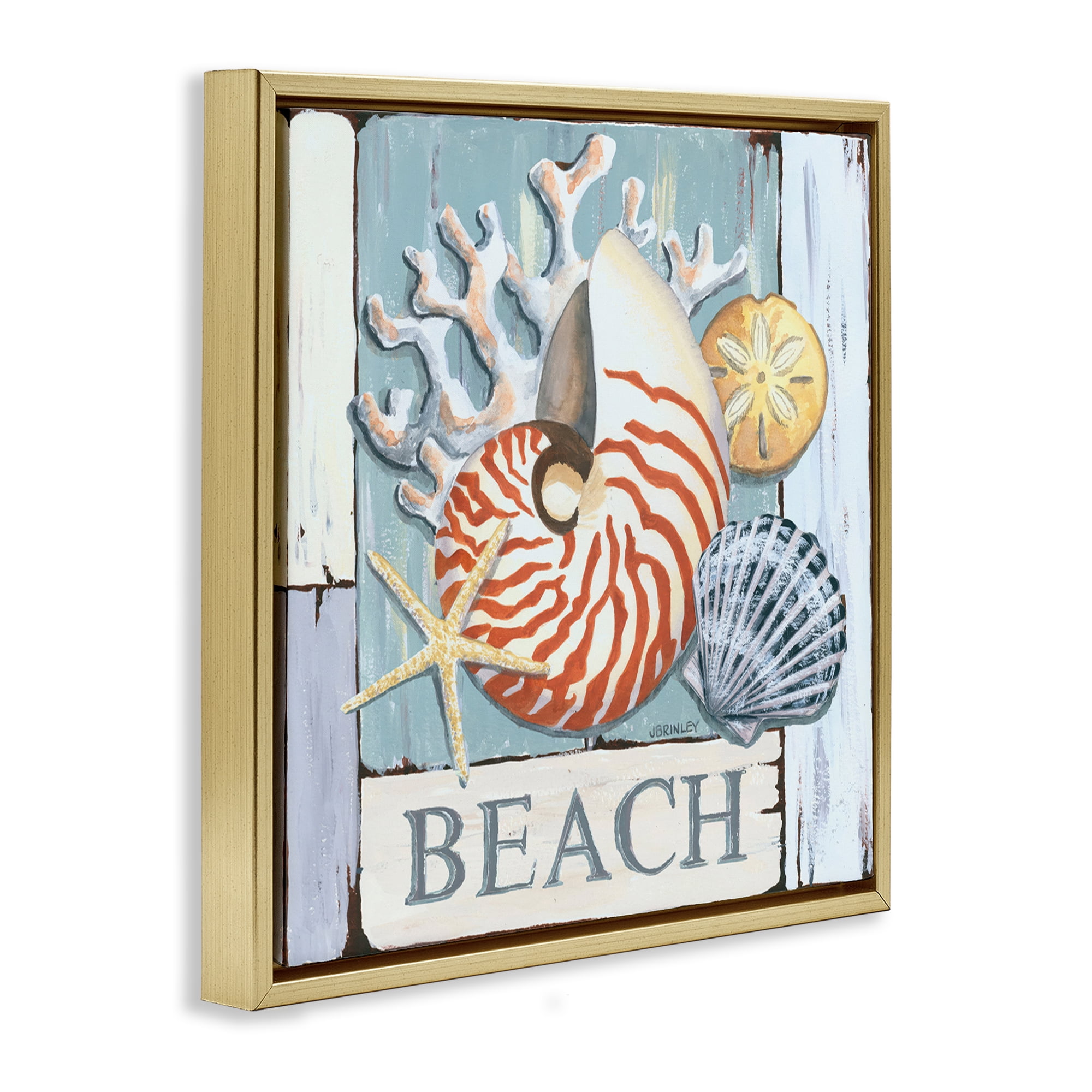 Stupell Industries Distressed Beach Shells Nautical & Beach Painting Gold Floater Framed Canvas Art Print Wall Art, 25 x 25