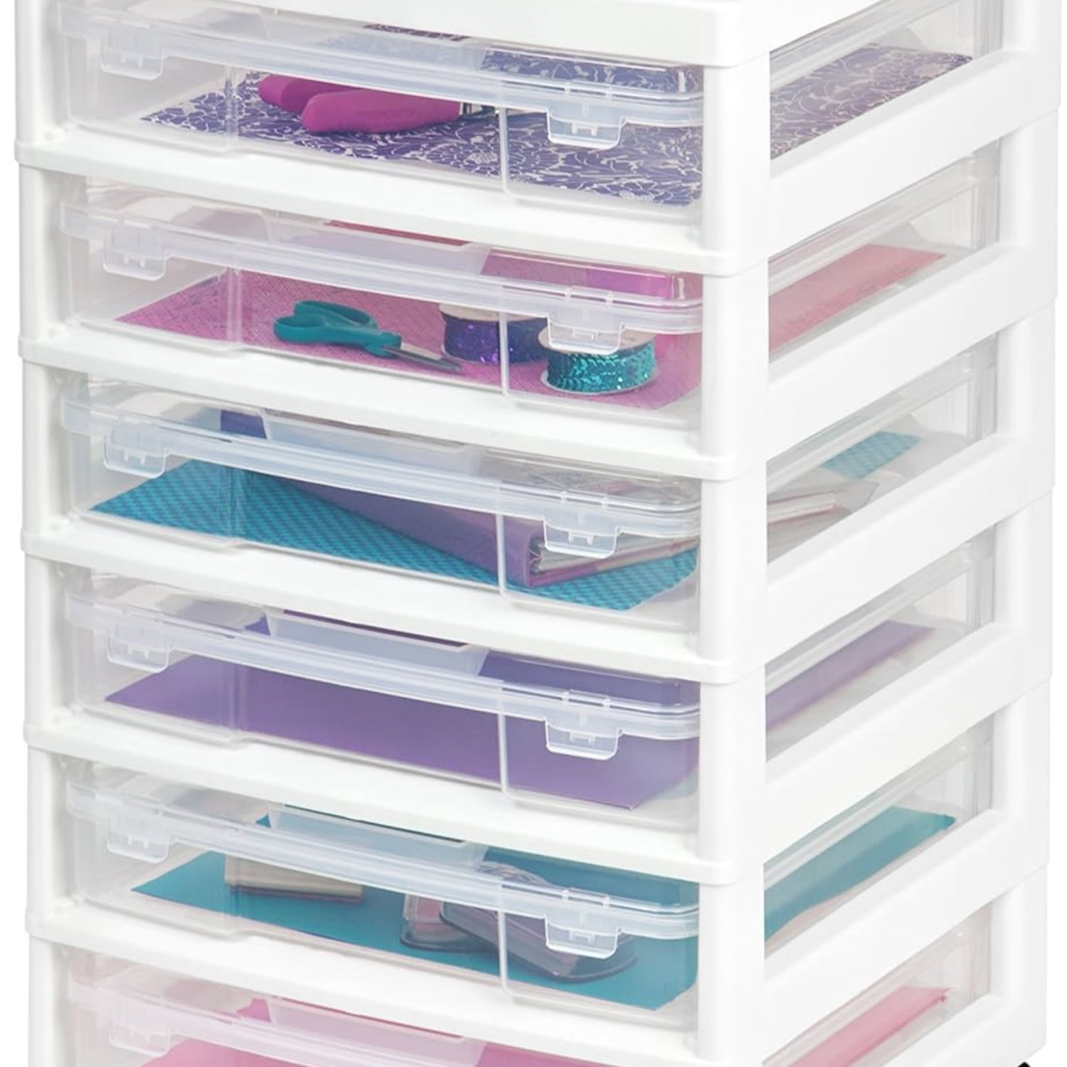 Fits 12" x 12" Paper, 6-Tier Scrapbook Rolling Storage Cart with Organizer for Stationery Vinyl Tools Office Art and Craft Supplies, Yarn, 6 Clear Cases w/Built in Handle - White/Clear