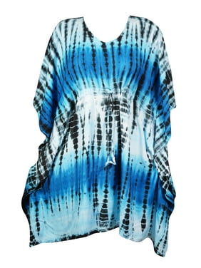 Mogul Women Rayon Printed Short Kaftan Dress Indigo Tie Dye Beach Cover Up Loose Caftan 2X