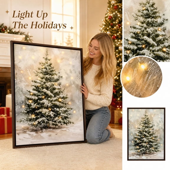 Yashow Elite Christmas Canvas Wall Art with Lights, Lighted Snow Tree Winter Scene Decor, Festive Frameless Pictures, Holiday Home Door Background Party Decorations