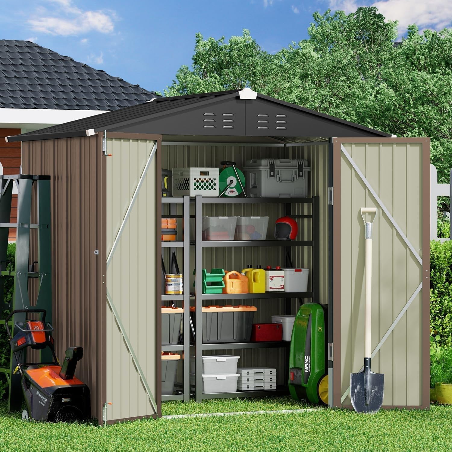 Lofka 6' x 4' FT Outdoor Storage Shed, Outside Metal Tool Shed with Lockable Doors ,Light Brown