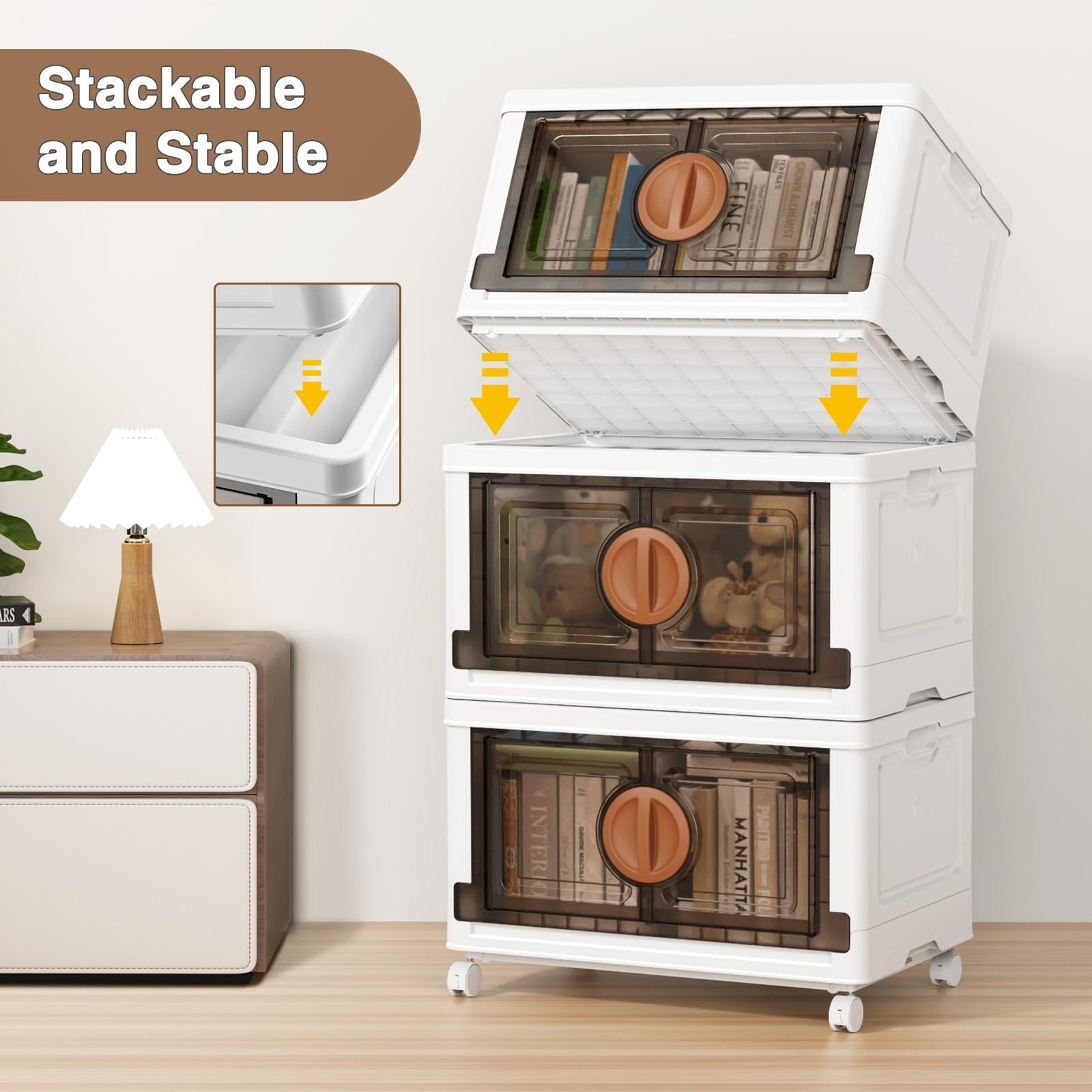 BROVIEW V9 120Gal Stackable Storage Bins, Plastic Collapsible Storage Bins with Lids and Wheels, Clothes Organizers and Storage Drawer, Folding Cabinets with Doors for Home, 4PCS Brown