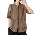 thumbnail image 1 of Fiudx Ofertas Flash Del Día Blusas Camiseras de Manga Corta con Botones y Cuello de Lino y Color Liso para Mujer, 1 of 5