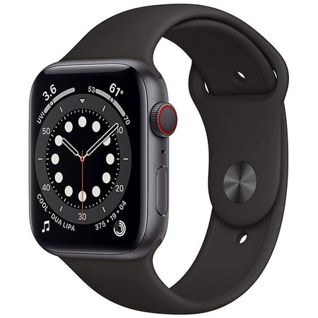 Restored Apple Watch Series 6 44mm GPS + Cellular Unlocked - Space Gray Aluminum Case - Black Sport Band (2020) - Refurbished