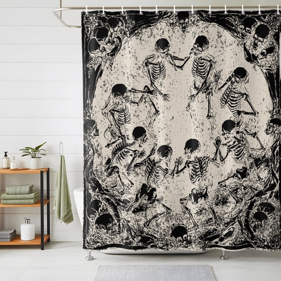 Shower Curtains for Bathroom, Halloween Waterproof Fabric Shower Curtain, Skeleton Retro Black Beige Decorative Bathroom Curtain for Bathtub, 72"x78", No Hooks Included