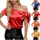 thumbnail image 1 of RKSTN Off Shoulder Satin Tops for Women Oversized Short Sleeve Asymmetrical Neck Silk Blouse Shirts Womens Casual Solid Summer Plus Size Loose Fits Comfy Elegant Bowknot Tunic Shirts, 1 of 7