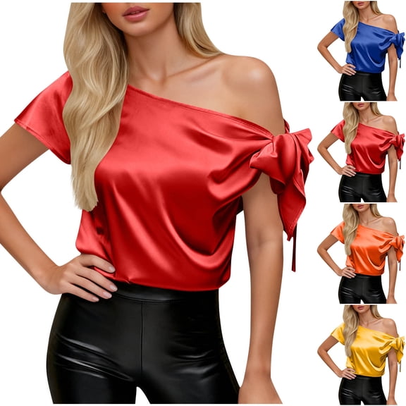 Women's Tops Dressy 2026 Off Shoulder Ice Silk Tops Casual Short Sleeve Asymmetrical Neck Satin Blouse Shirts