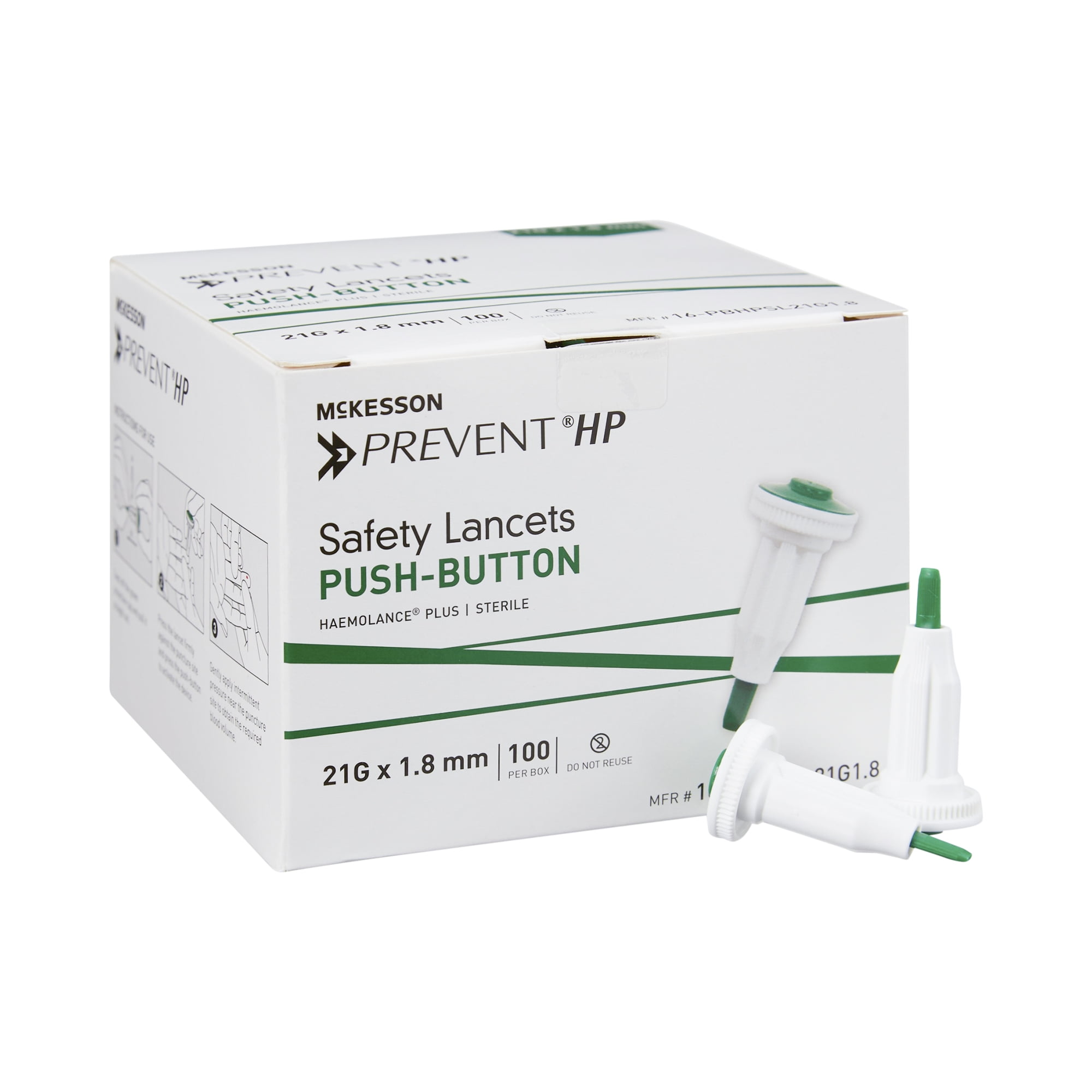 McKesson Safety Lancets, PushButton Diabetes Lancet Green, 21G, 1.8
