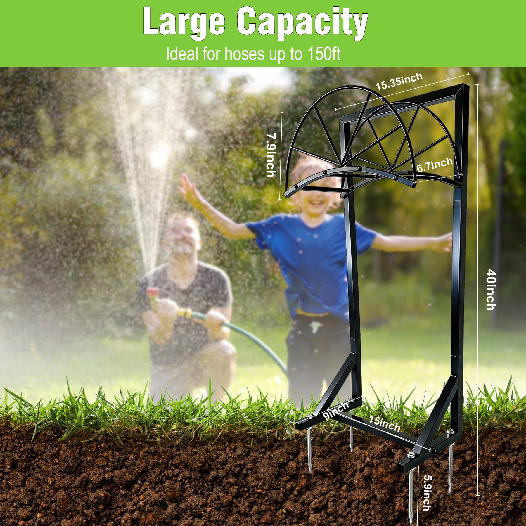 Heavy Duty Garden Hose Holder with 4 Steel Anchors, 150FT Capacity Freestanding Hose Reel, 40 Inch No-Drill Rust-Proof Outdoor Water Hose Organizer for Yard, Lawn, Patio and Backyard