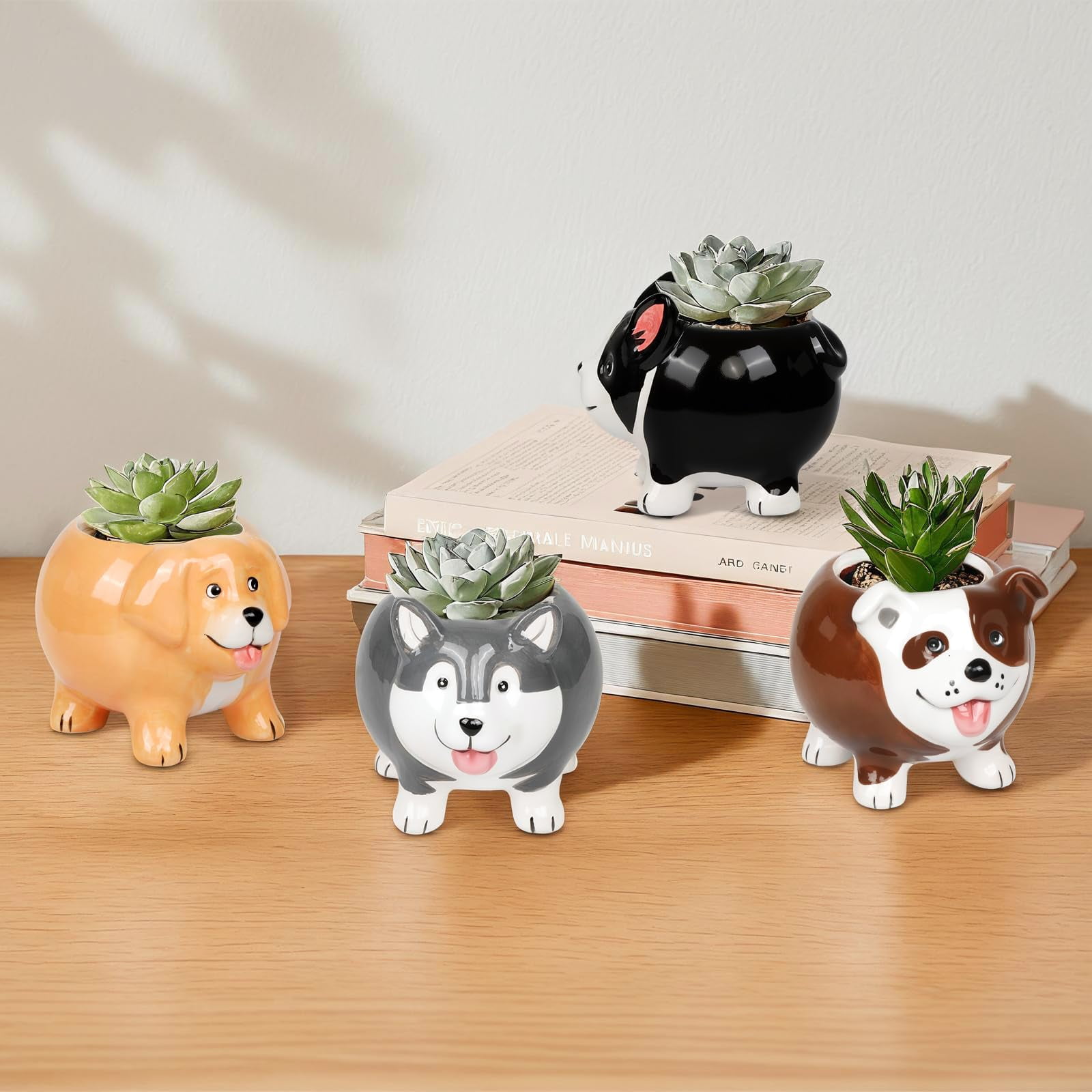 BUYMAX 4-Pack 4 inch Ceramic Dog Planters, Mini Succulent Pots Gift for Dog Lovers