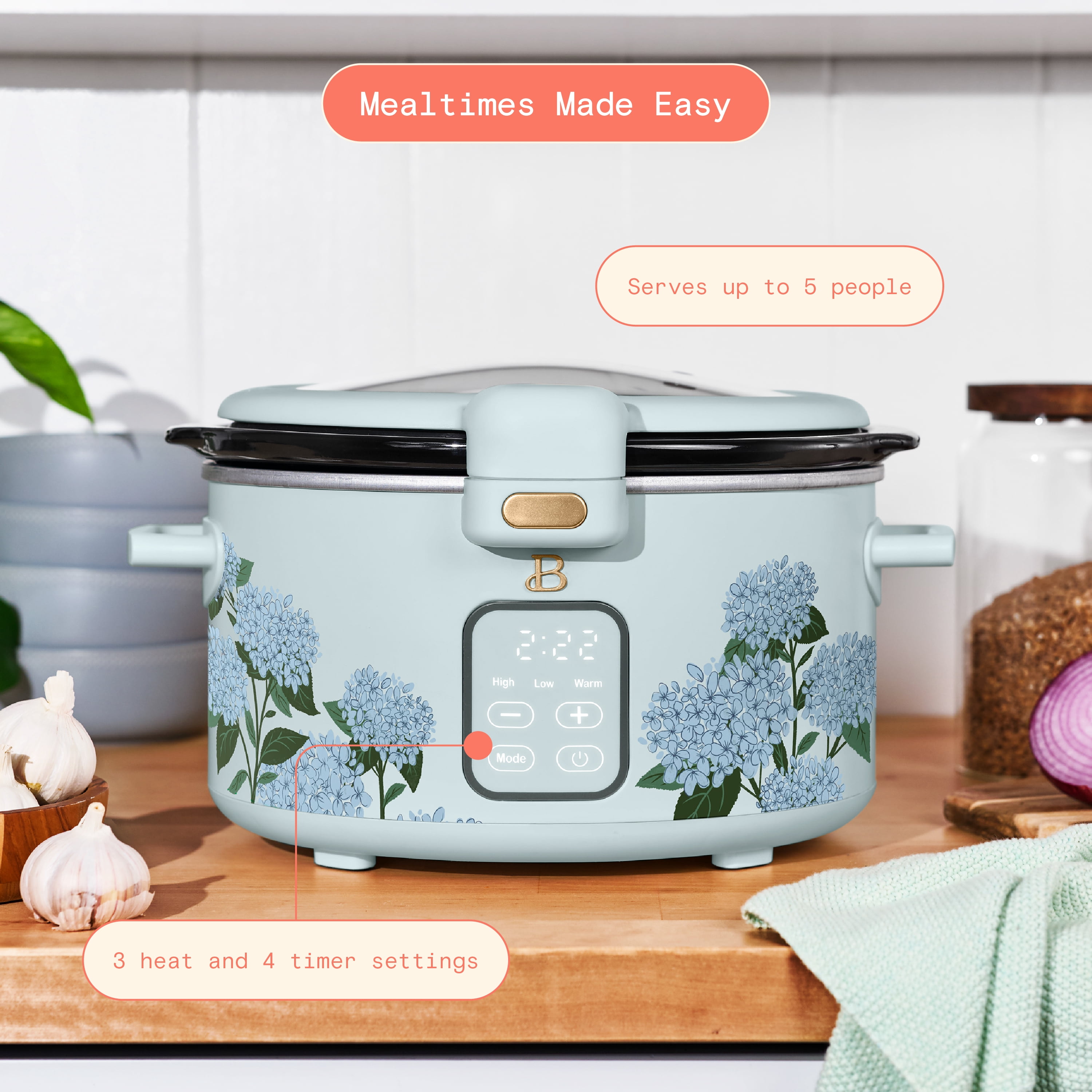 Beautiful 4 Qt Digital Slow Cooker with Hinged Locking Lid, Hydrangea Floral by Drew Barrymore